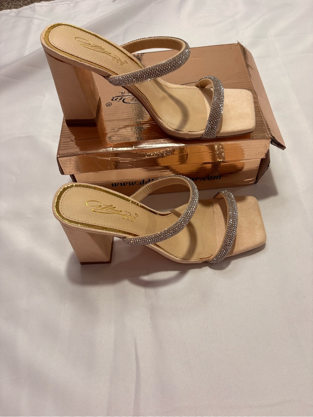 Beige Rhinestone Strap Heeled Mules - Picture 3 of 4